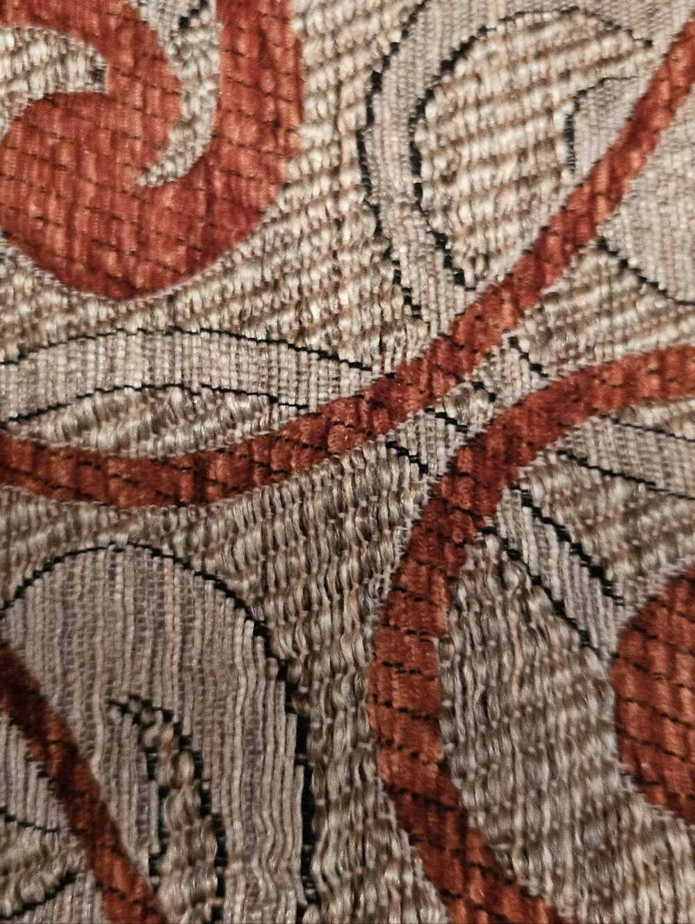 Rust Orange Valance- Patterned Brocade Border W Fringe